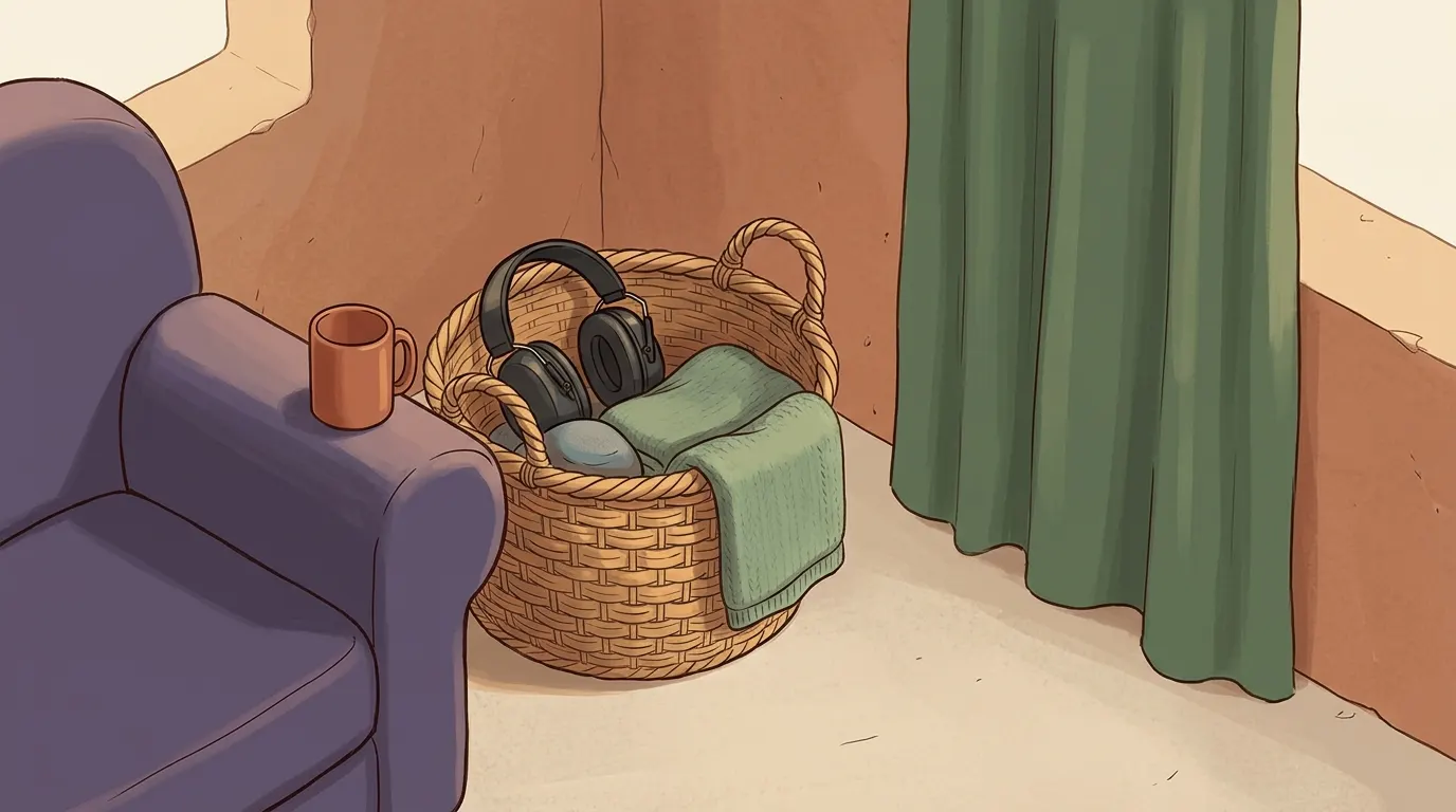 A lavender armchair in a plain corner beside a basket of ear defenders and a blanket, a green curtain drawn