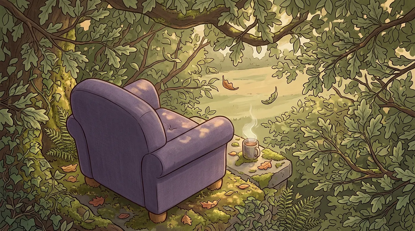 The lavender armchair under the oak, seen from behind, with a hot drink on a stone ledge and leaves drifting