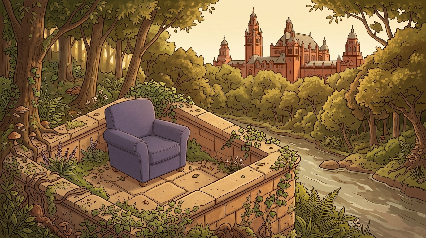 A lavender chair beside the River Kelvin, with Kelvingrove Art Gallery and Museum beyond