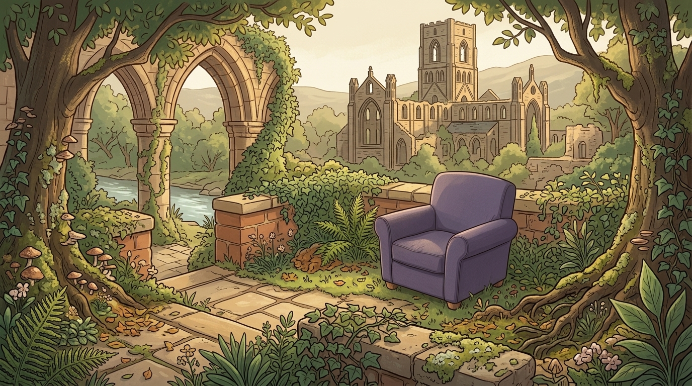 A purple chair on a riverside garden terrace near Kirkstall Abbey, with the roofless medieval stone arches and tower visible beyond lush plants
