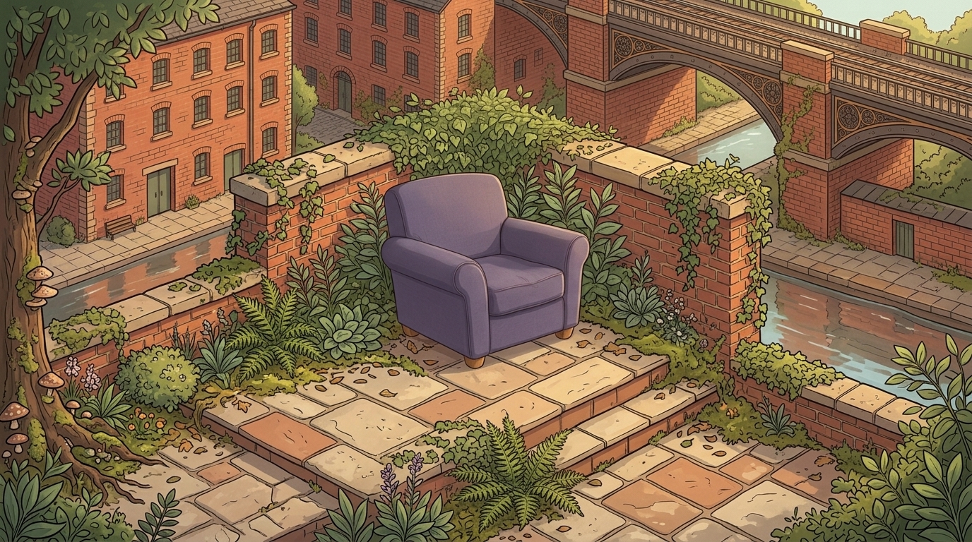 A purple chair on a brick garden terrace beside Castlefield canals, with red brick warehouses and iron railway viaducts