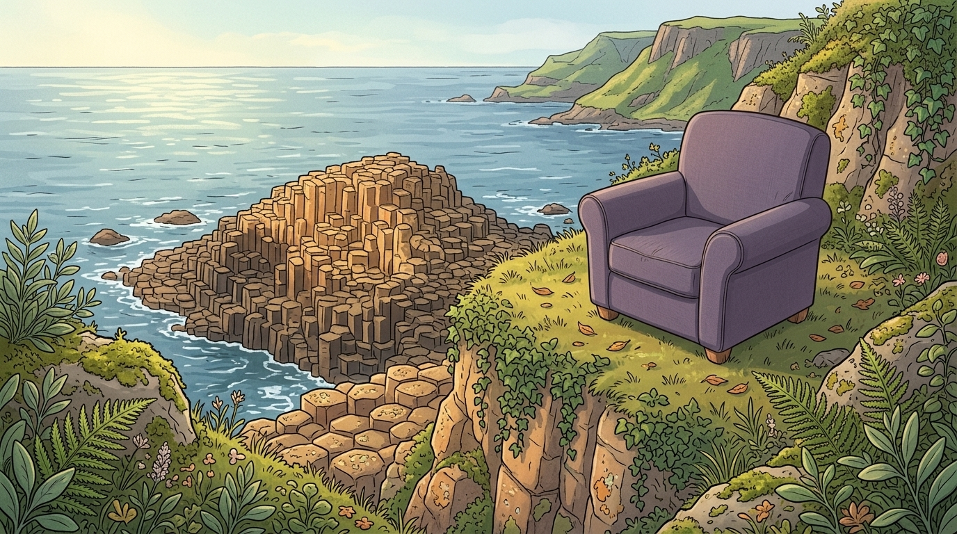 A lavender chair overlooking the basalt columns at the Giant's Causeway