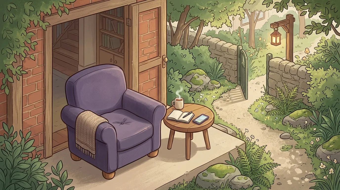 The lavender armchair on the doorstep in morning light, a phone face up on the table beside it and the garden gate open