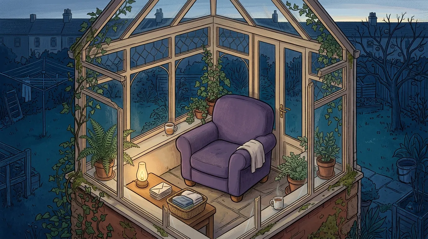 A quiet conservatory before dawn, with a lavender armchair beside a window and a small night light glowing