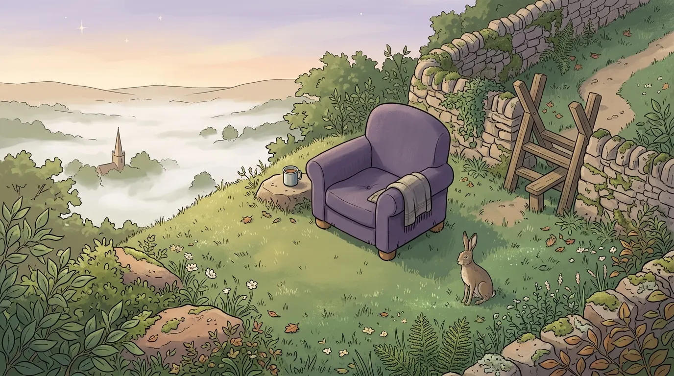 A lavender armchair on a hillside at first light, a folded blanket over one arm and the valley below still in mist