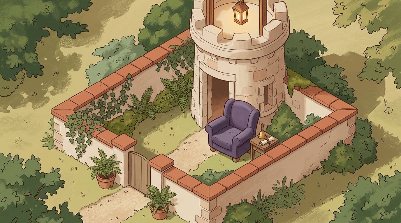 A stone watchtower with a lantern glowing over a walled garden
