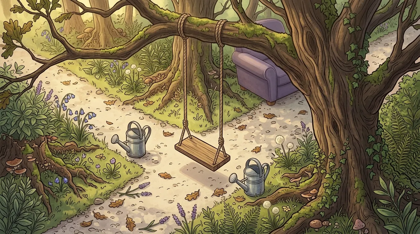 A wooden swing under an oak, with a watering can set down on each of two paths