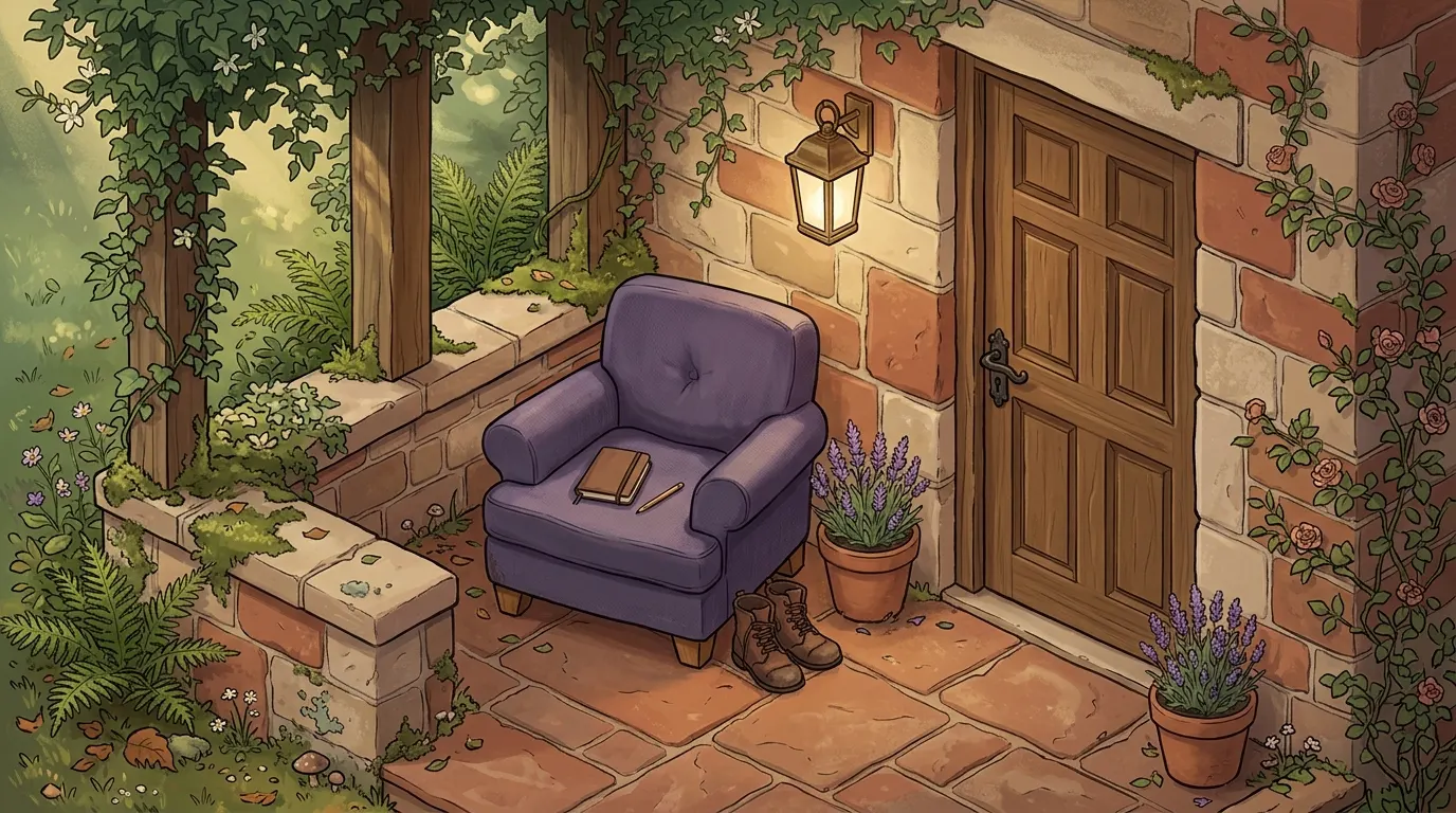 A lavender armchair beside a closed garden door, with a lantern lit on the wall and a notebook on the seat