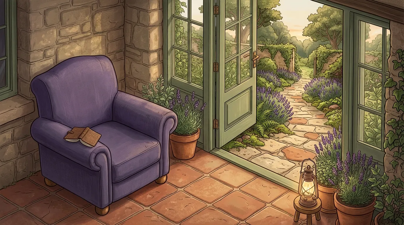 The same door standing open, with the chair turned towards the evening garden beyond it