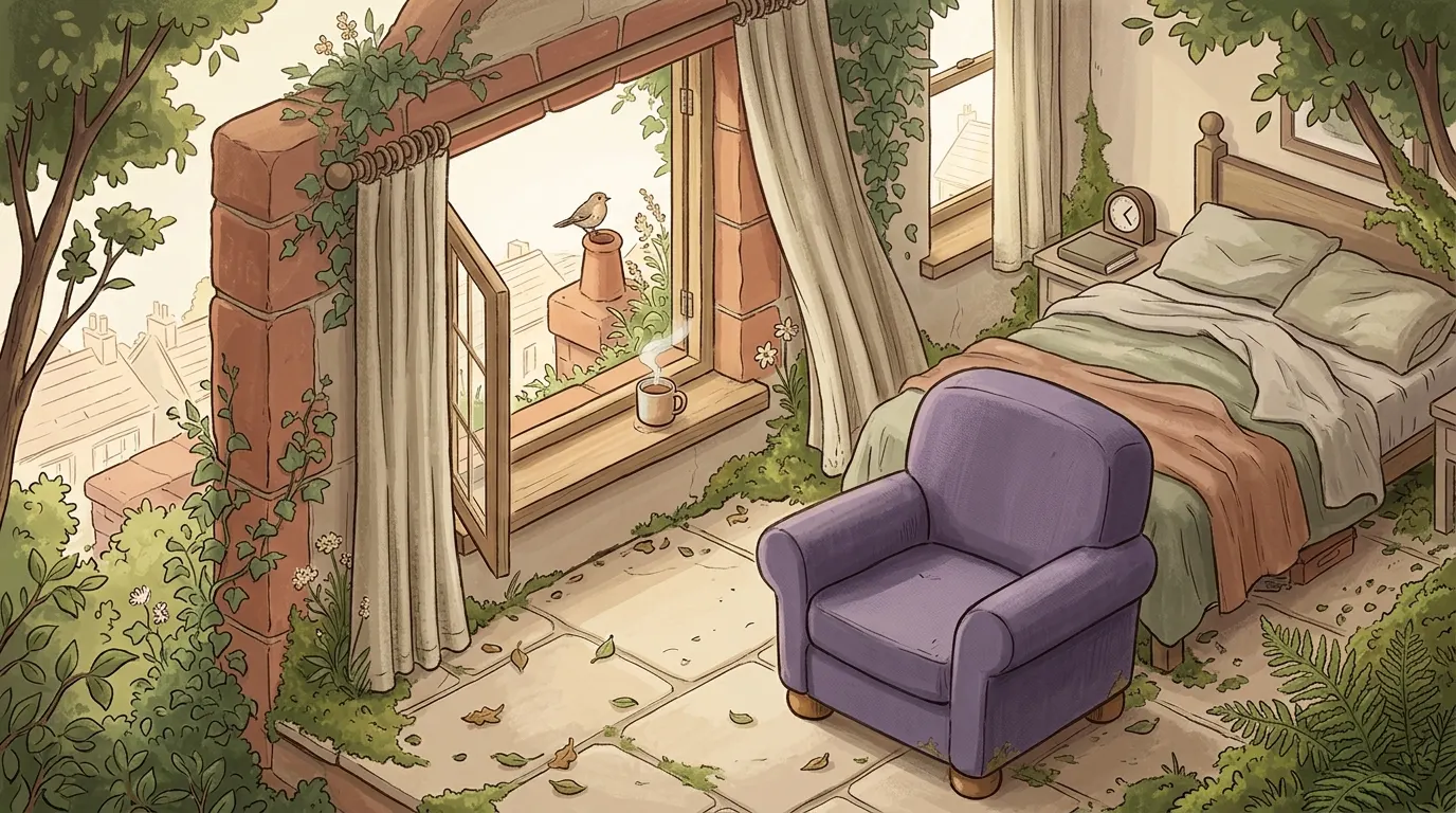 The same bedroom in the morning, the curtains open and the bed made