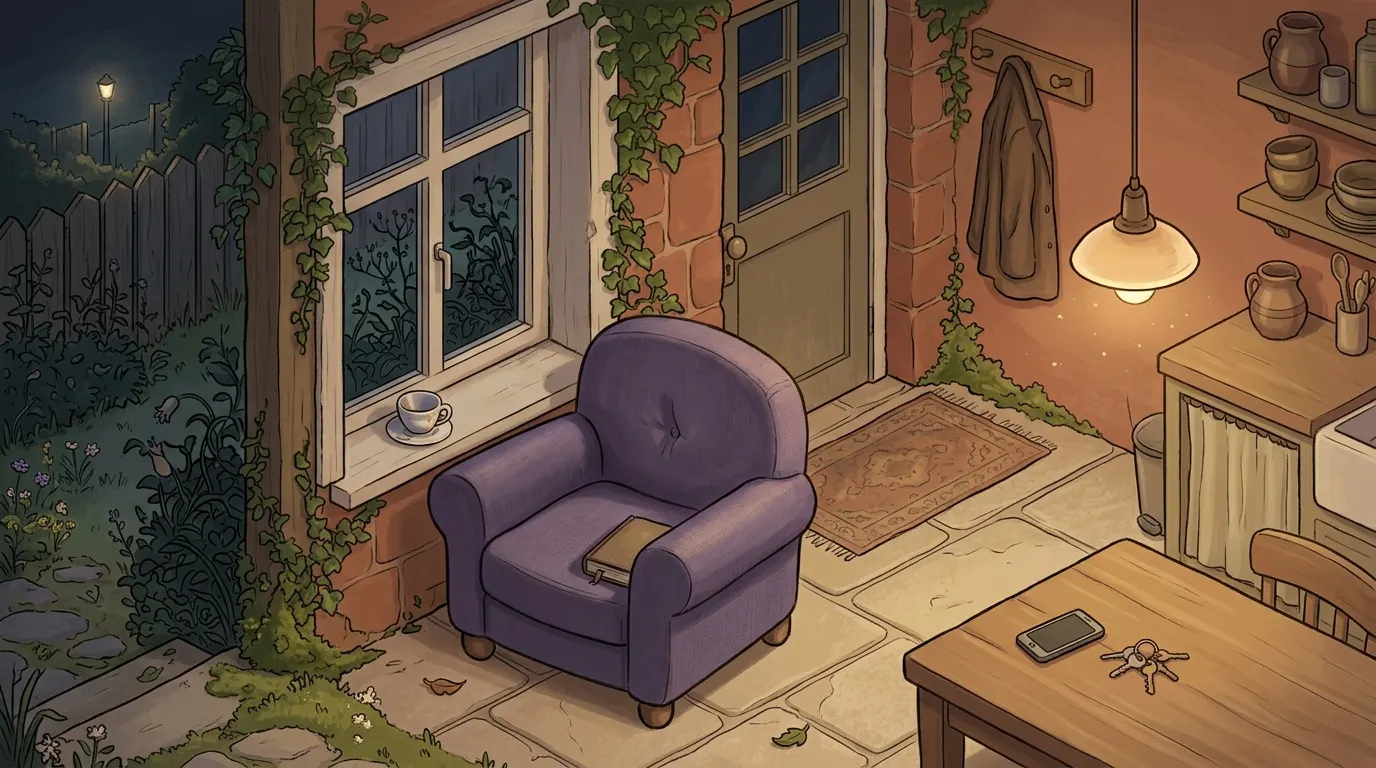A lavender armchair by a kitchen window at night, with one lamp on and a cold cup of tea