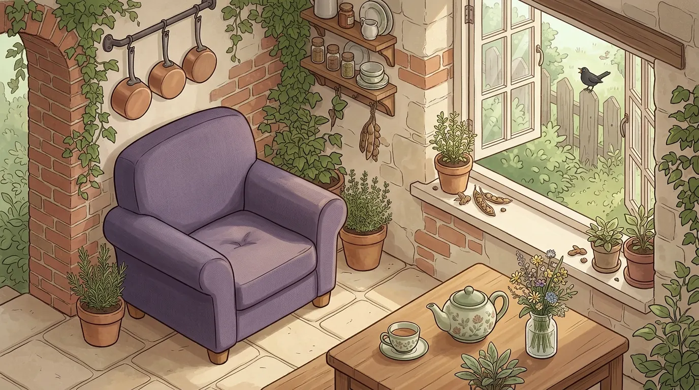 The same kitchen in the morning, the window open and the table cleared