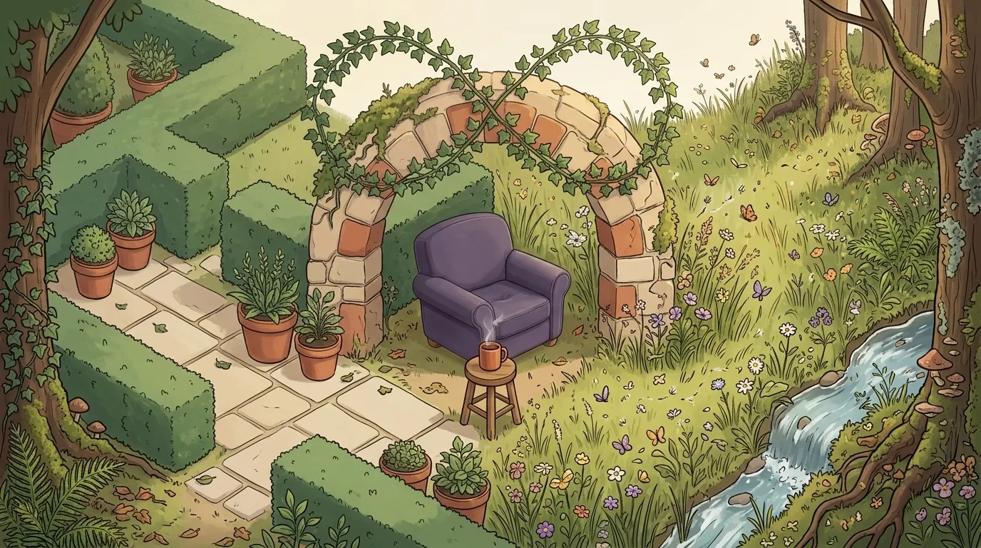 A garden of two halves, one ordered and one wild, meeting at a single sheltered seat