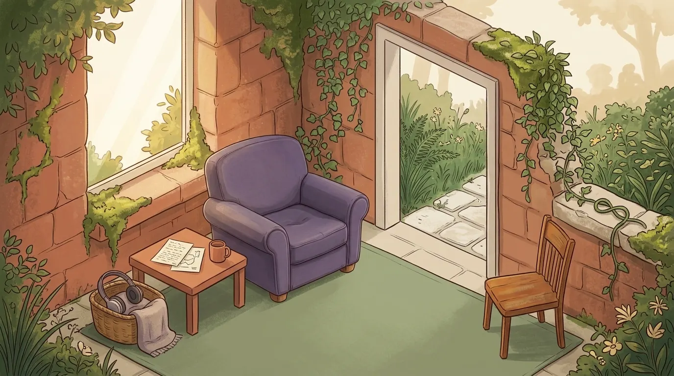 A quiet garden room with soft natural light, deep shade and a clear uncluttered path to the door