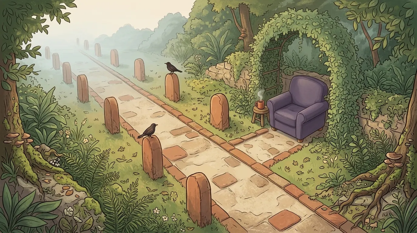 A bench beside a long garden path, with the far end lost in mist and a smaller path leading off to a sheltered clearing