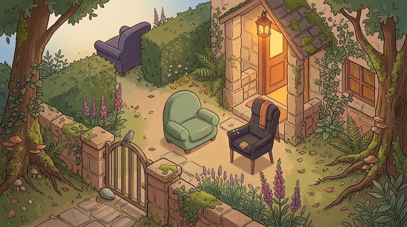 Two chairs, one small and one slim, on a garden path before a lit doorway, with the gate left open