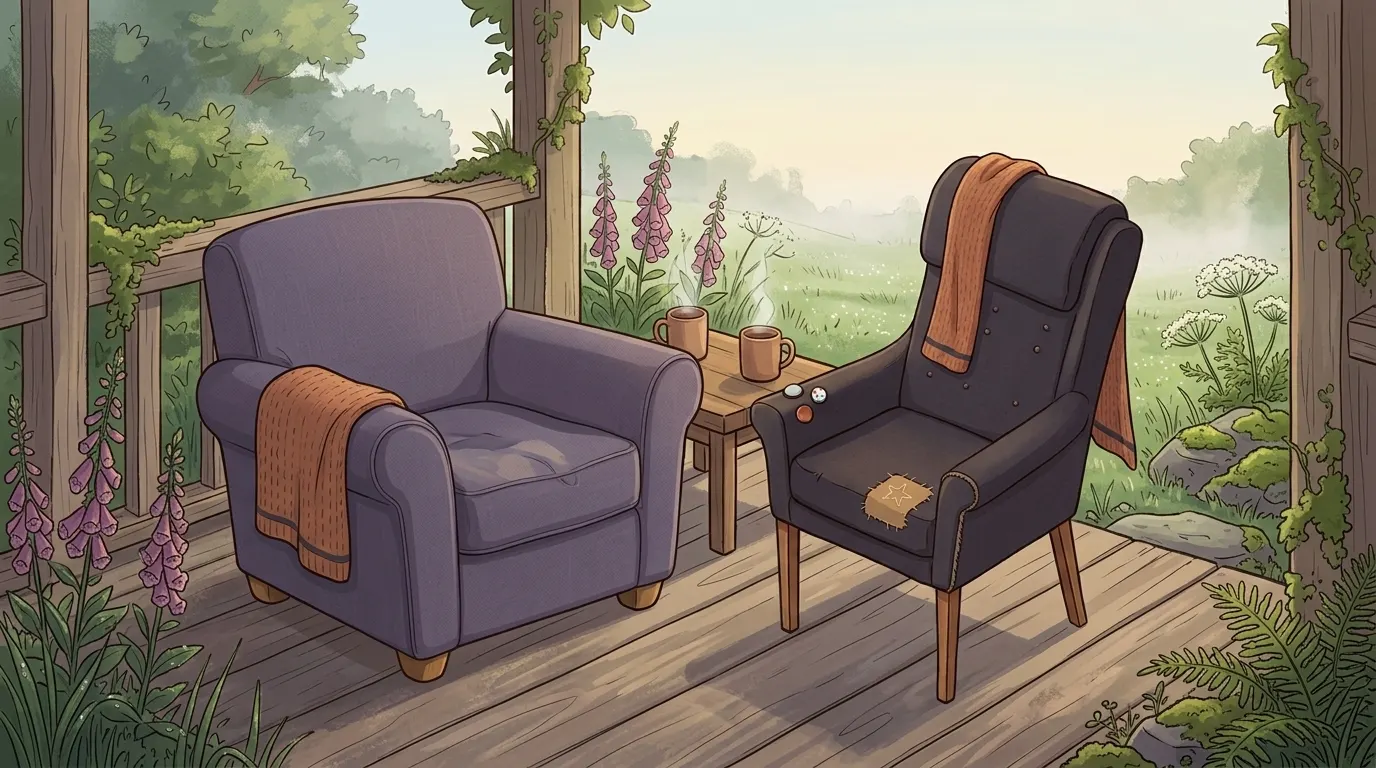 Two chairs side by side on a porch at first light, one with a scarf over its back