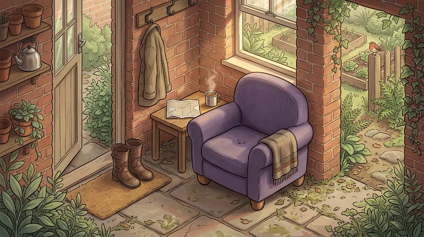 A lavender armchair in a quiet boot room at first light, with worn boots by the back door and a folded map on the table