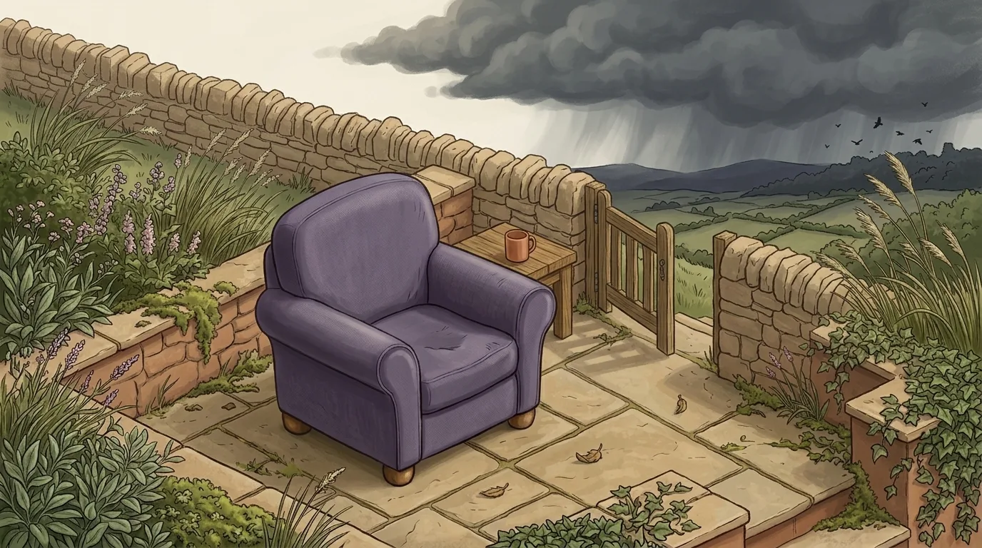 A lavender armchair on a walled terrace facing an open gate, with a storm breaking over hills far across the valley
